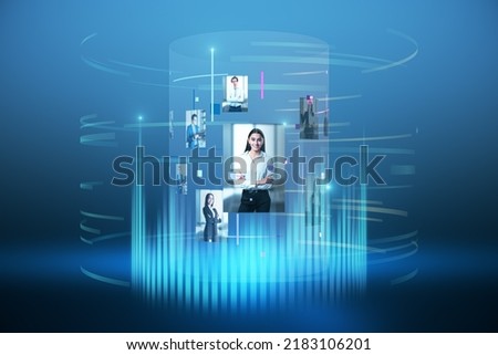 Abstract digital cylinder picture hologram on blue backdrop. Computer, innovation and media