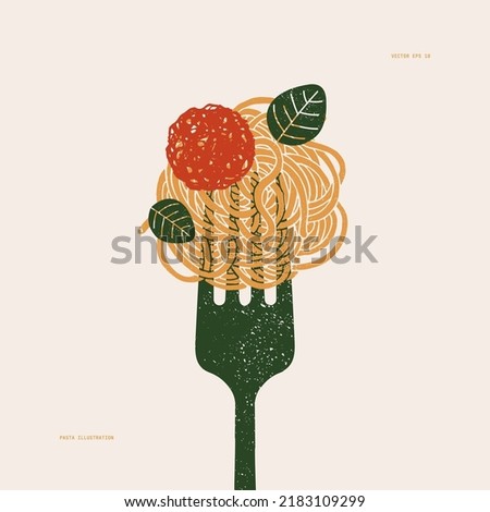 Spaghetti pasta on a fork. Pasta with meatball. Textured vintage illustration. Royalty-Free Stock Photo #2183109299