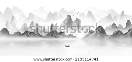 Chinese style golden gilding landscape painting background Royalty-Free Stock Photo #2183114941