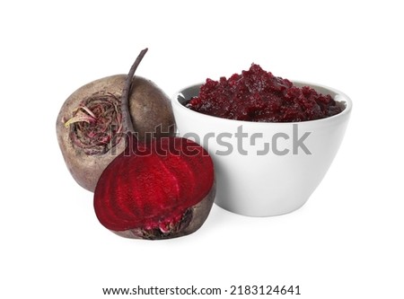 Delicious beetroot puree and fresh vegetables on white background. Healthy food Royalty-Free Stock Photo #2183124641