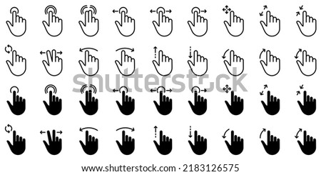 Gesture Tap Line and Silhouette Icon Set. Swipe Hand Finger Touch and Drag Linear, Glyph Pictogram. Pinch Screen, Rotate Up Down on Screen Outline Icon. Gesture Slide. Isolated Vector Illustration. Royalty-Free Stock Photo #2183126575