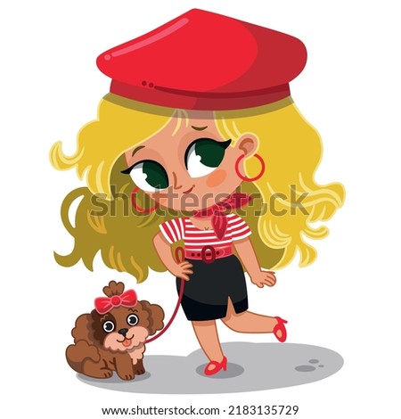 Vector illustration of Parisian woman and her dog.