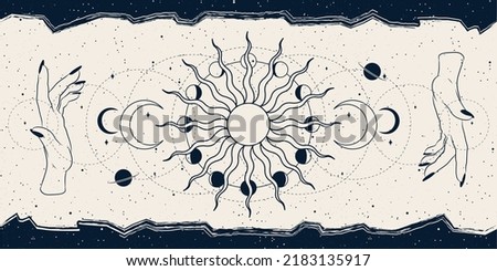 Mysterious banner with magic celestial symbols - moon, sun, stars. Vector background for landing page, web design. Astrology, fortune telling, tarot reading concept. Book cover, poster. Royalty-Free Stock Photo #2183135917