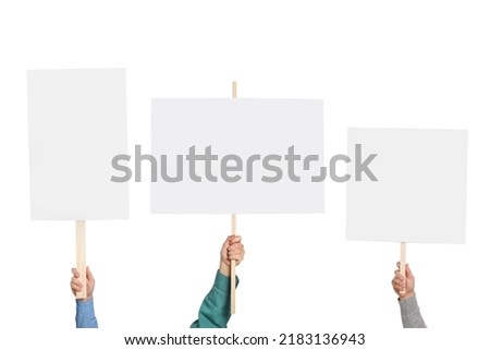 Group of people holding blank protest signs on white background, closeup