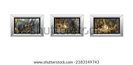 3 silver frames of abstract photographs of the deserts of Africa from the air, on a white wall background, triptych,