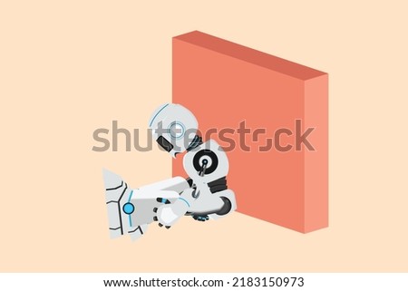 Business flat cartoon style drawing depressed robot sit in despair on floor. Cyborg sad gesture expression. Robotic artificial intelligence. Electronic technology. Graphic design vector illustration