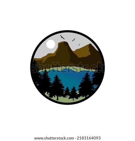 
LOGO OF NATURE, MOUNTAIN RIVER TREES AND BIRDS