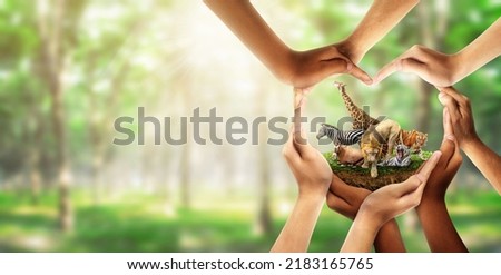 Wildlife Conservation Day. wildlife protection, multiracial human come to build hands in shape of heart to protect the environment. promote conservation wildlife. green background Sun light. Ecology. Royalty-Free Stock Photo #2183165765