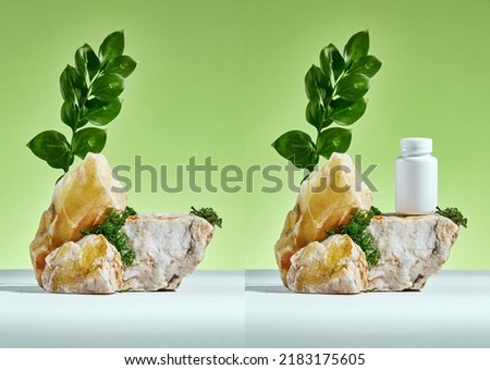 Podium of yellow stone on a light green background with a sprig of a plant. Green, stone, moss. Beauty product pedestal.