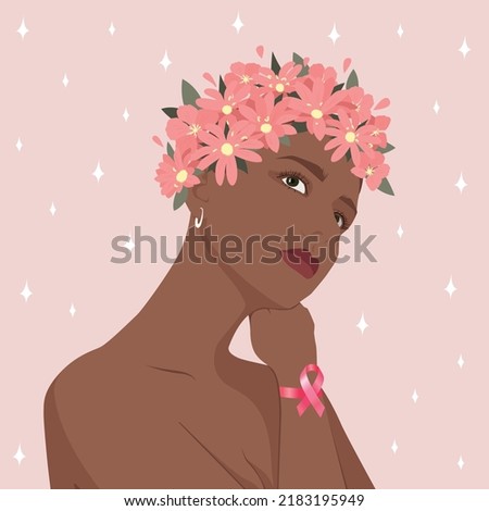 Beautiful girl in a wreath of flowers with a pink ribbon on her hand. Support for World Breast Cancer Awareness Month in October. Vector illustration.