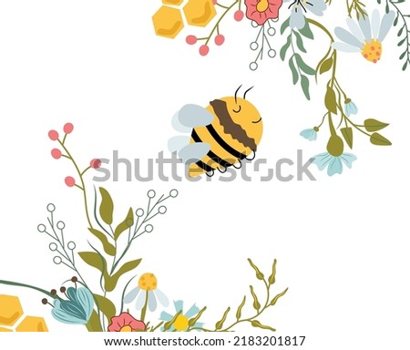 Happy Honey bee with wildflowers. Cute bee, leaves, flowers, herbs. Composition for your brand, logo, label, banner, postcard. Vector illustration.