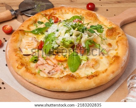 tasty pizza with chicken fillet vegetables and parmesan