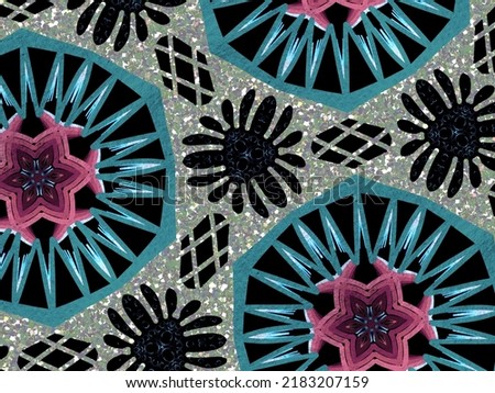 A hand drawing pattern made of pink glittery grey and blue on a black background