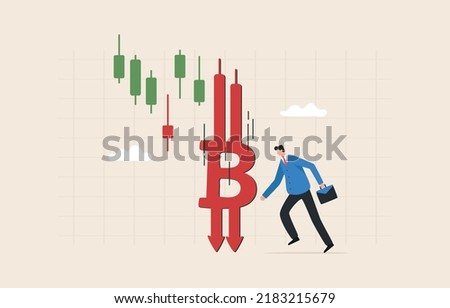 Crypto market downturn. Bitcoin price drop. 
Bitcoins fall from the graph chart. The picture illustrates the sharp downturn of cryptocurrency as a whole and bitcoin.