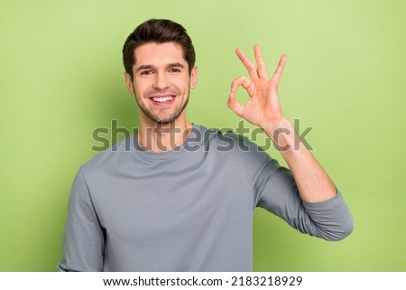 Photo of impressed young brunet guy show okey wear grey pullover isolated on green color background
