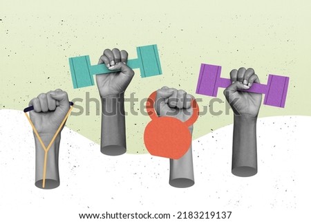 Poster collage of sportsman arms raise fitness tools health life body development concept isolated paint color background