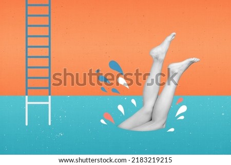 Pop collage of human person dive underwater in swimming pool isolated on orange draw color background Royalty-Free Stock Photo #2183219215