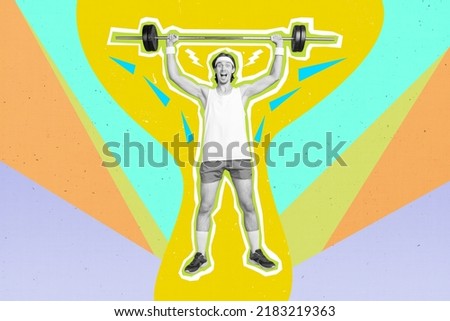 Retro magazine collage of sporty guy raise heavy gym tool determined achieving aims isolated bright colorful background