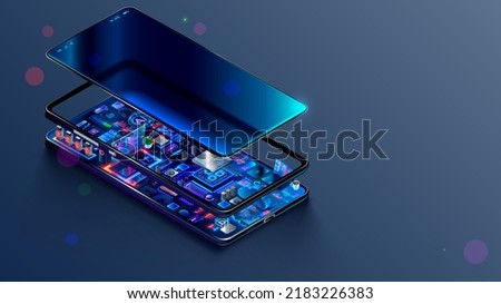 Phone mobile application development concept. Develop Software, hardware of mobile devices. Phone apps engineering. Electronic world inside smartphone. Programming of mobile internet web services. IOT Royalty-Free Stock Photo #2183226383