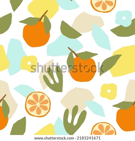 Abstract seamless pattern with floral elements and tangerine. Vector wallpaper on a white background. Perfect for textiles or surface design