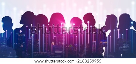 Image of smart city with double exposure of confident business people background
