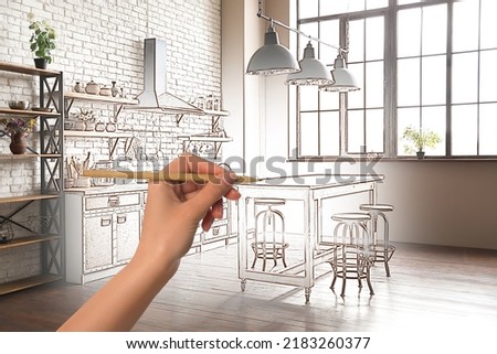 Woman drawing kitchen interior design, closeup. Combination of photo and sketch