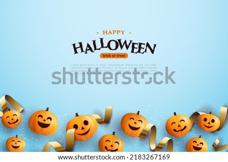 Halloween background vector with pumpkins and gold ribbons on a bright blue background.