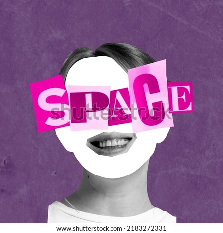 Contemporary art collage. Creative design. Faceless female silhouette with big pink lettering of space word. Concept of technology development, digitalizaton, science, cyberspace, futurism.