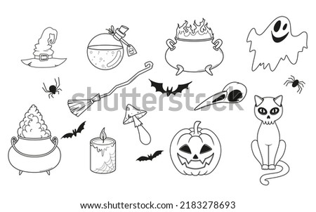 Collection of witchcraft and scary items - witch hat, cauldron, broom, black cat, spiders, ghost, bat, pumpkin, bird skull, mushroom, magic potion. Vector illustration for Halloween