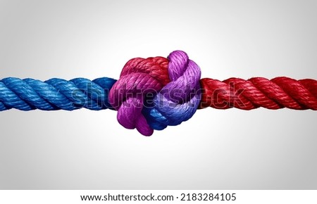 Agreement and cooperation as a bipartisan or bipartisanship trust concept and connected symbol as two different ropes combining and tied together for a common cause.  Royalty-Free Stock Photo #2183284105