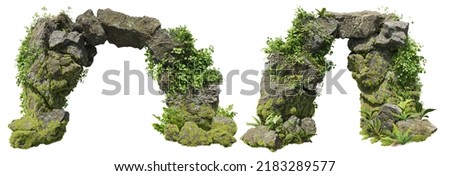 Cutout natural rock arch in the forest.
Stone arch isolated on white background. Cave entrance made of old boulder with moss.  Royalty-Free Stock Photo #2183289577