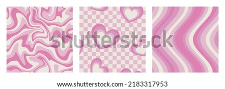1970 Wavy Swirl, Gradient Hearts, Wavy Lines Retro Seamless Pattern Set in Pastel Pink Colors. Hand-Drawn Vector Illustration. Seventies Style, Groovy Background,  Print. Flat Design, Hippie Aesthetic