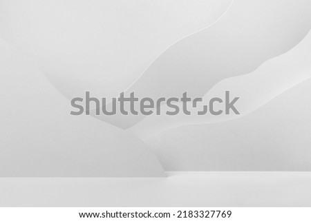 Soft light white abstract stage mockup with mountains soft light white and grey color in minimal style. Showcase template  for advertising, presentation produce, poster, flyer, card, text. Royalty-Free Stock Photo #2183327769