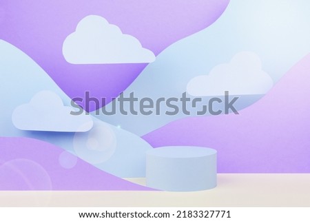 Trendy hipster scene with circle podium mockup, abstract mountain landscape - blue, violet, white color, sunlight glow glare, clouds. Vaporwave template stage for advertising, presentation cosmetic.