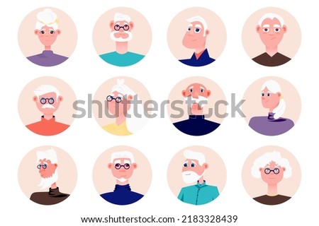 Grandparents in family people avatars isolated set. Diverse elderly men and women with different look. Grandmothers and grandfathers mascots. Vector illustration with characters in flat cartoon design