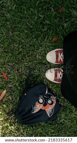 grass field in front of the mayor of salatiga. red shoes and black bag with cat picture.