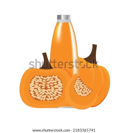 vector image of a bottle with orange juice and a pumpkin next to it. pumpkin in a cut near a glass bottle with pumpkin juice.