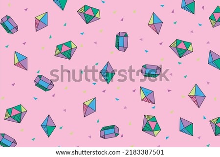 Vector drawing of colored diamonds and gems in pattern with a pink background and triangles