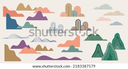 Collection of hand drawn clouds and mountains. Chinese and Japanese vector illustrations. Oriental decorations and elements Royalty-Free Stock Photo #2183387579