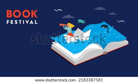 Book festival concept of a little girl sailing the boat and reading an open huge book. Fantasy and Imagination concept design. Vector illustration, poster and banner 