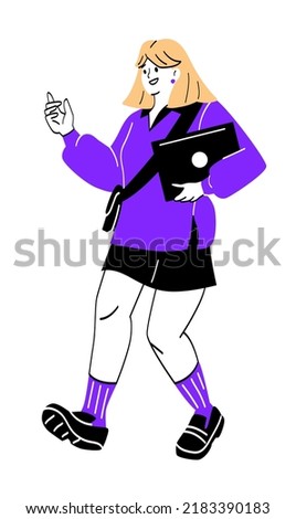 Confident person concept. Girl in stylish casual outfit holding laptop and pointing finger at something. Successful student engaged in self development and education. Cartoon flat vector illustration