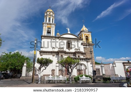 
beautiful church in the magical town of Comala in Colima, Mexico, white town, wide angle photo.