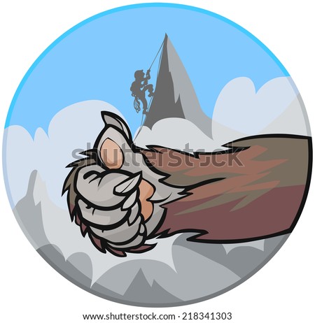 Yeti's hand doing encouraging sign on the background of mountain with climber.