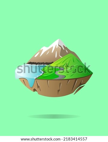 Vector Illustration floating landscape. Snow mountain, road, and lake. Green background.