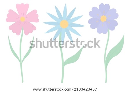 Flowers. Collection of vector illustrations. Flowering plants with green leaves and a yellow core. Flat style. Isolated background. Idea for web design, invitations
