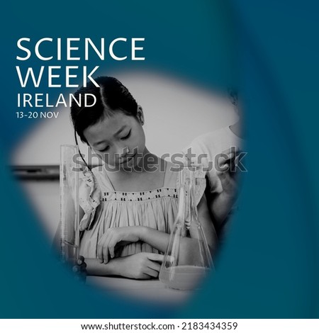 Composition of science week ireland text with diverse schoolchildren holding beakers and test tubes. Science week and celebration concept digitally generated image.