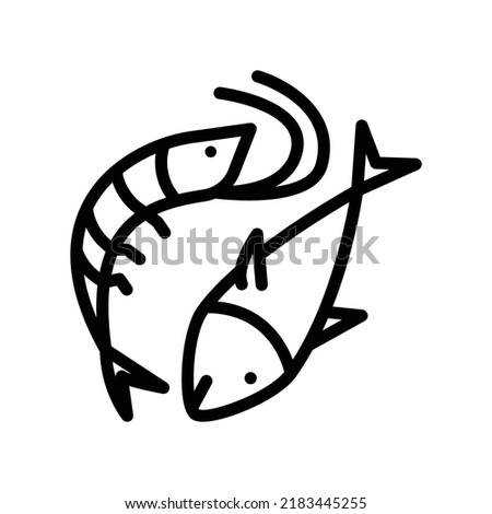 Shrimp and fish icon in black outline style