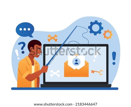 Phishing account information. Man with fishing rod near laptop, hacker hacks into site or app and steals personal data. Fraudster and danger on Internet, online crime. Cartoon flat vector illustration