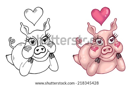 Illustration of Cute Female Pig in Love. Lying on her stomach. On the left side black and white drawing, on the right side digitally colored illustration. Isolated on white