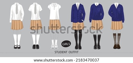 Illustration of college or high school student uniform. Set of clothes for girls and women. Royalty-Free Stock Photo #2183470037